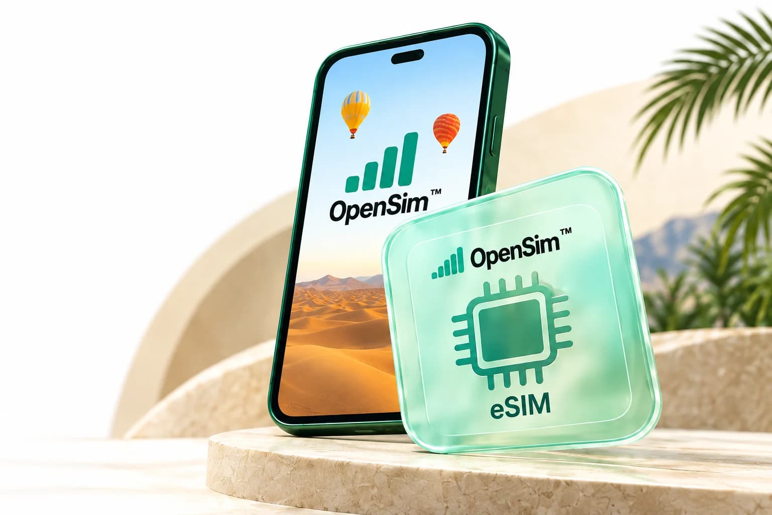 OpenSim eSIM with hot-air balloons above desert dunes on a phone screen